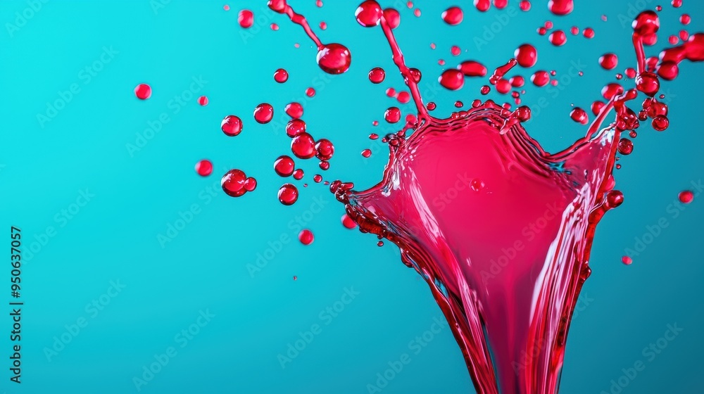 Poster vibrant red liquid splashing with dynamic motion against aqua background