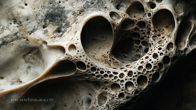 Close-up of a porous rock with irregular holes and a textured surface, showcasing the erosion patterns and natural beauty of the Earth's geology.