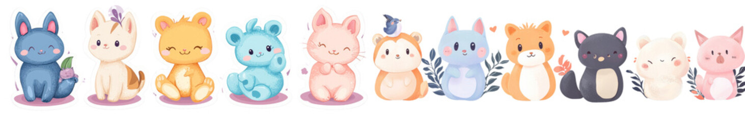 Naklejka premium Cute cartoon animals in various colors and styles, featuring playful and cheerful expression. Perfect for childrens illustrations or playful designs. 