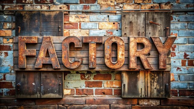 Rusted metal letters spell out "FACTORY" in bold, distressed font on a worn, industrial-style wooden wall with exposed bricks and peeling paint.