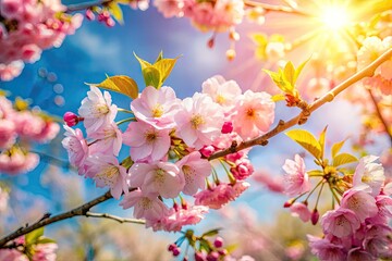 Obraz premium Delicate pink cherry blossoms unfurl from branch tips, surrounded by lush green leaves, against a soft, serene blue sky with subtle warm sunlight.