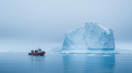 Zodiac Cruising Antarctica. Tourists Sailing in Weddell Sea in Front of Glacial Iceberg