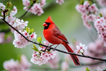 Cardinal In Cherry Tree. Red Bird Perched on Green Branch in Nature
