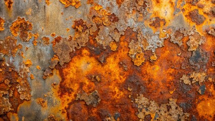Rusty, oxidised steel texture with intricate patterns of corrosion, showcasing the wear and tear of time, with a blend of orange, brown, and grey tones.