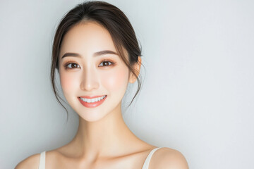 Asian young woman with a warm smile, showcasing natural beauty against a minimalist background.