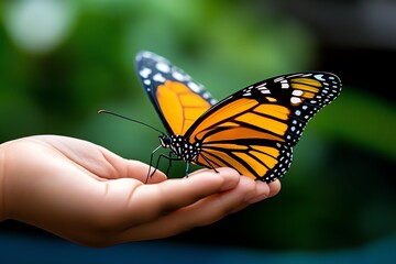Obraz premium Butterfly landing on a childâ€™s hand, illustrated with a sense of wonder and connection, showing the gentle interaction between humans and nature