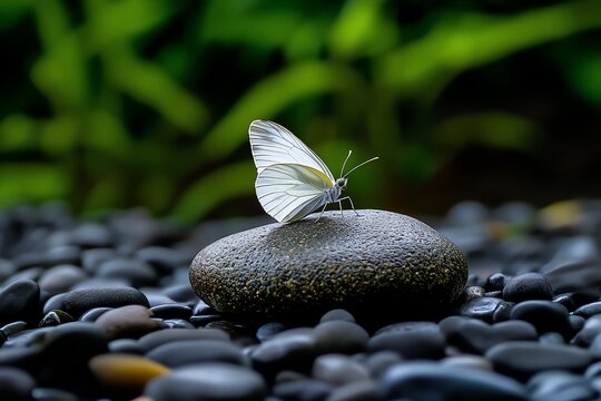 Butterfly on a stone in a Zen garden, captured in a photo where the simplicity of the setting highlights the butterflyâ€™s elegance and grace
