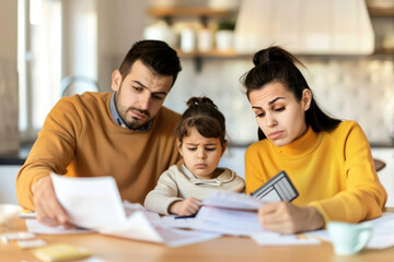 Fototapeta premium A family sits together at a table, reviewing important documents and paperwork, highlighting the importance of financial planning.