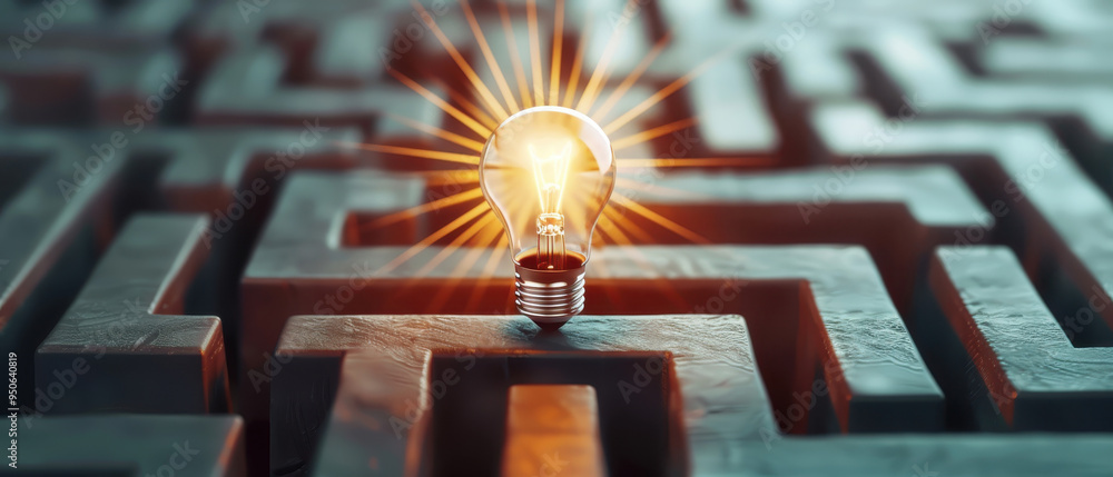 Poster a light bulb illuminating a maze, symbolizing creativity and problem-solving in a complex environmen