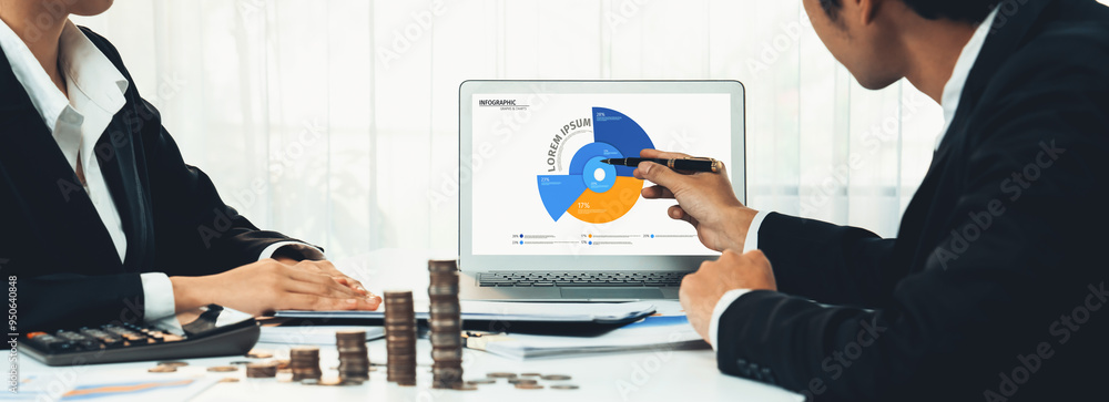 Poster business intelligence analyst use bi software on laptop to analyze financial data dashboard with gro