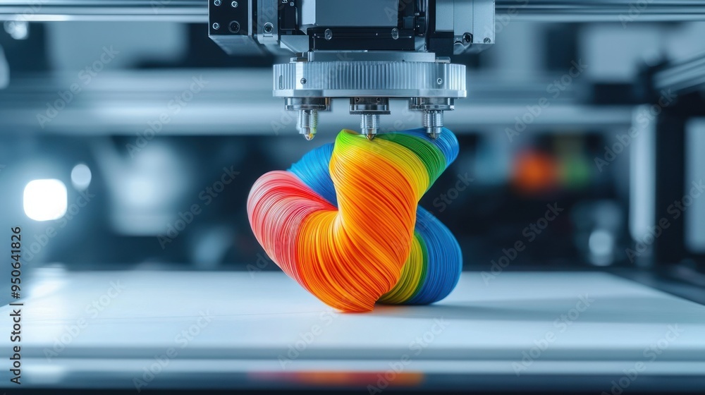 Poster rainbow-colored 3d-printed object emerging from a printer