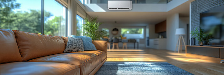 Fototapeta premium Modern Cozy Living Room with Leather Sofa and Air Conditioner, Natural Light, Greenery and Serene Relaxing Atmosphere in Minimalist Style