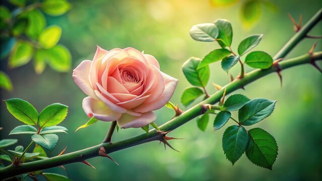 Delicate, thorny rose stem with lush green leaves and subtle texture, set against a soft, blurred background, evoking feelings of elegance and refinement.