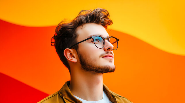 Portrait de jeune homme avec lunettes sur fond dynamique jaune et orange