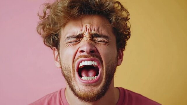 Young man screaming with eyes closed on pink and yellow background