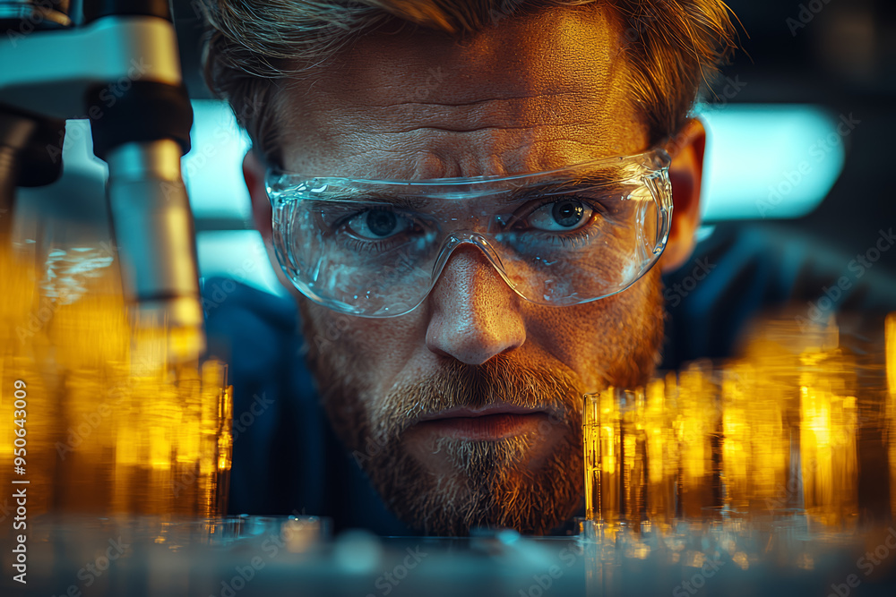 Poster an engineer testing a new material in a lab, noting its properties. concept of material science and 