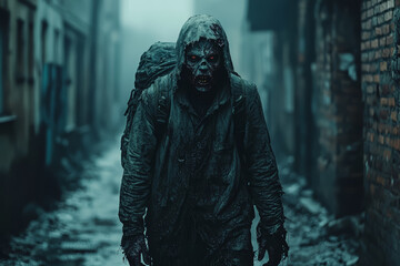 A zombie dragging its feet through a dark alley, its clothes torn and dirty. Concept of Halloween horror and the living dead.