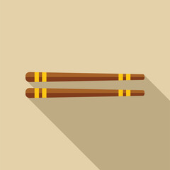 This vector illustration of a pair of brown chopsticks with yellow stripes is casting a long shadow on a beige background
