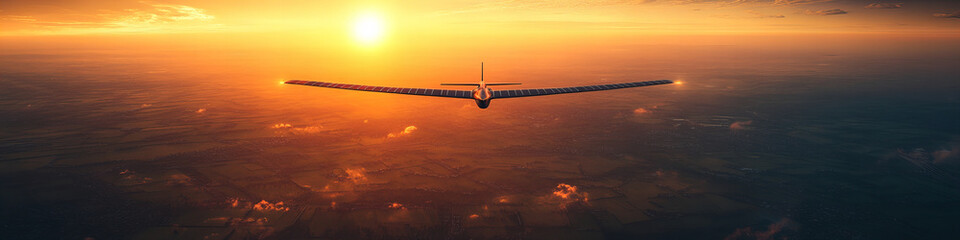 A solitary glider flying into a vibrant sunset over a vast landscape, evoking a sense of serenity and adventure