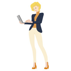 Young modern businesswoman dealing with laptop. Character design, vector illustration.
