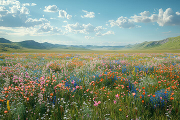 Fototapeta premium A wide plain dotted with wildflowers and grasses, stretching as far as the eye can see. Concept of Earth's grasslands and open spaces.