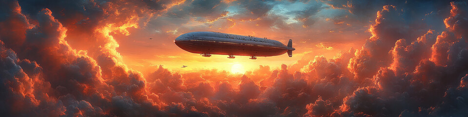 Fototapeta premium Airship Floating Amid Glorious Sunset with Fiery Orange and Blue Clouds in Dreamlike Sky