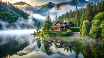 Fototapeta premium Serene mountain lodge surrounded by lush greenery and misty fog, with a tranquil lake in the distance, perfect for a relaxing wellness retreat.