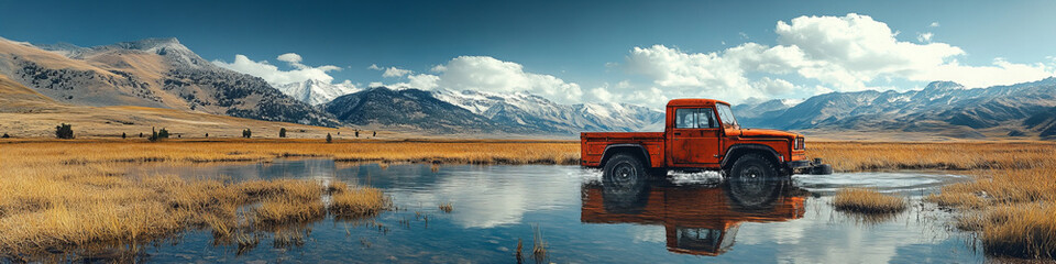 Fototapeta premium Rustic Red Truck Crossing Reflective Waters in Vast Mountainous Landscape Under Vibrant Sky Creating a Serene and Majestic Mood