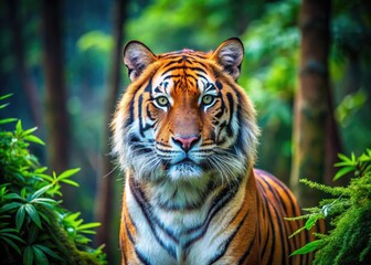 Fototapeta premium Dramatic Image Of A Majestic Tiger With Vibrant Orange Fur And Captivating Blue Eyes, Standing Tall In A Lush Green Forest