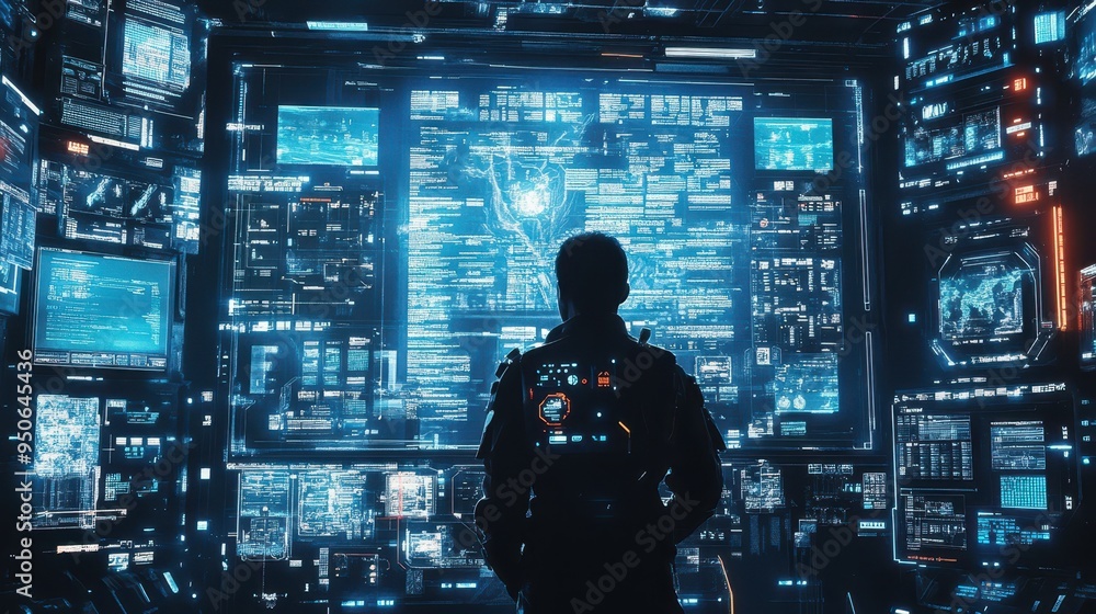 Poster futuristic interface control room in sci-fi setting