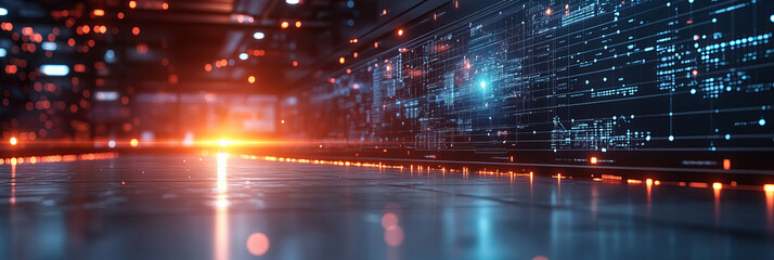 High-Tech Server Room with Futuristic Lighting Effects, Blue and Orange Hues, and Complex Data Visualizations on Digital Screens