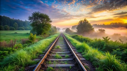 Fototapeta premium Serene rural landscape featuring a weathered railroad track stretching into the distance, flanked by lush greenery and a gentle misty atmosphere at dawn.