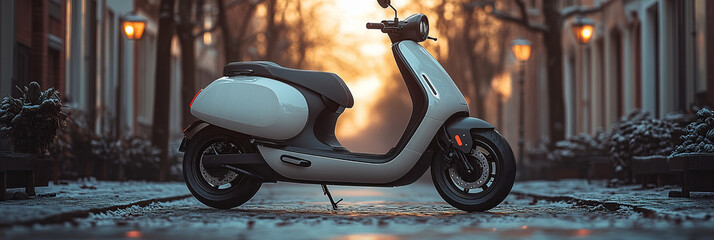 Modern electric scooter parked on cobblestone street in picturesque urban setting. Compact, sleek design suited for city commuting. Peaceful early evening with warm tones.