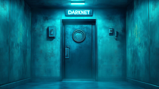Mysterious door labeled Darknet in dimly lit corridor