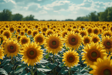 Obraz premium A sunflower field under a clear sky, with each bloom facing the sun. Concept of Earth's flora and the cycle of life.