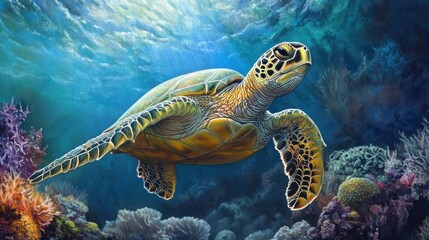 Fototapeta premium Sea Turtle Gracefully Gliding Through Coral Reef