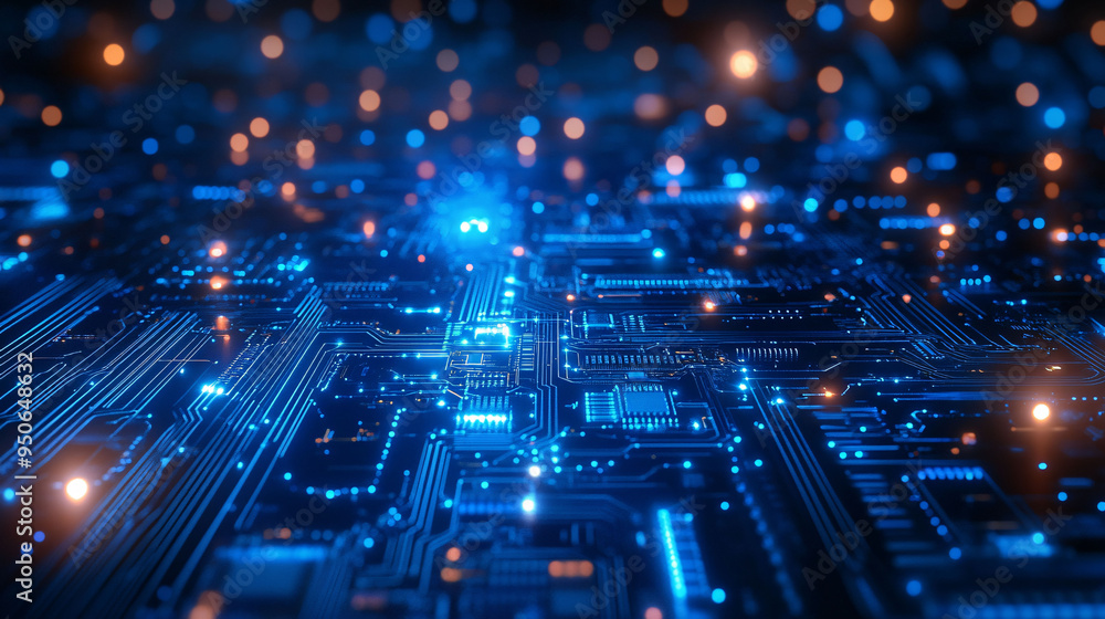 Poster quantum computer technologies concept. futuristic blue circuit board background vector