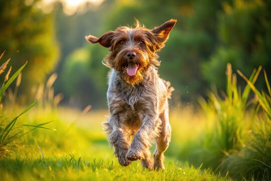 Energetic wirehaired pointing griffon dog runs freely in a lush green meadow, its curly coat and feathered tail shining in the warm sunlight.