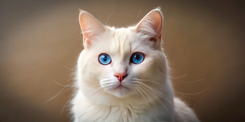Exquisite white cat with mesmerizing blue and gold eyes, pristine coat, and delicate features, posed regally against a muted background, showcases feline elegance.