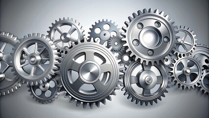 Sleek silver gear mechanisms in motion, interlocking cogs and wheels, minimalist vector illustration with clean lines and metallic sheen, indicating precision and innovation.