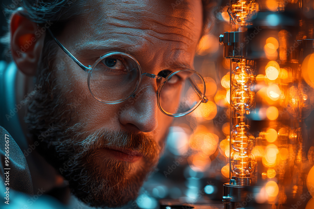 Poster a physicist in a lab filled with superconductors, studying quantum mechanics. concept of quantum phy