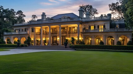 Grand Mansion Illuminated at Dusk