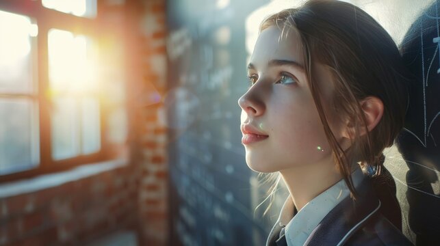 Joyful school tenager student stay near blackboard