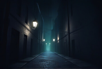 dark spooky alley flickering streetlights mysterious shadows