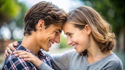 Fototapeta premium Smiling teenager and parent share a warm, tender moment, embracing and looking into each other's eyes, conveying a sense of love, trust, and connection.