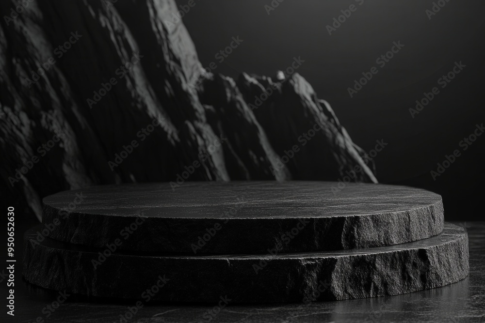 Wall mural a black stone pedestal with a black background, generative ai image