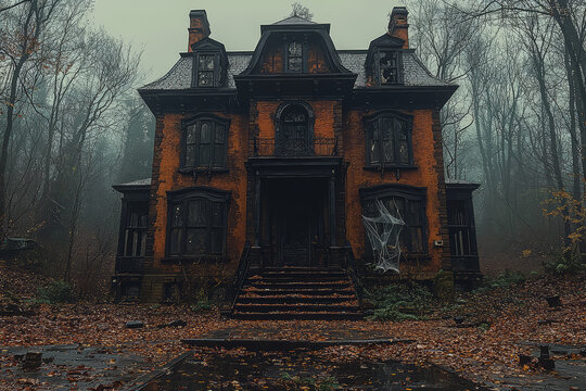 A haunted house with broken windows and cobwebs, surrounded by leafless trees. Concept of eerie locations and Halloween scares.