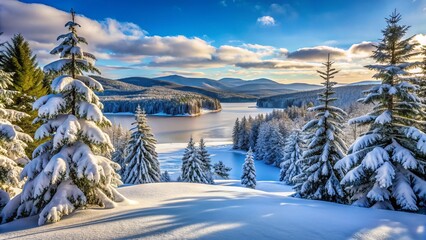 Snow-covered evergreen trees stand tall amidst a serene winter landscape in New Hampshire, with a frozen lake and rolling hills in the distant background.