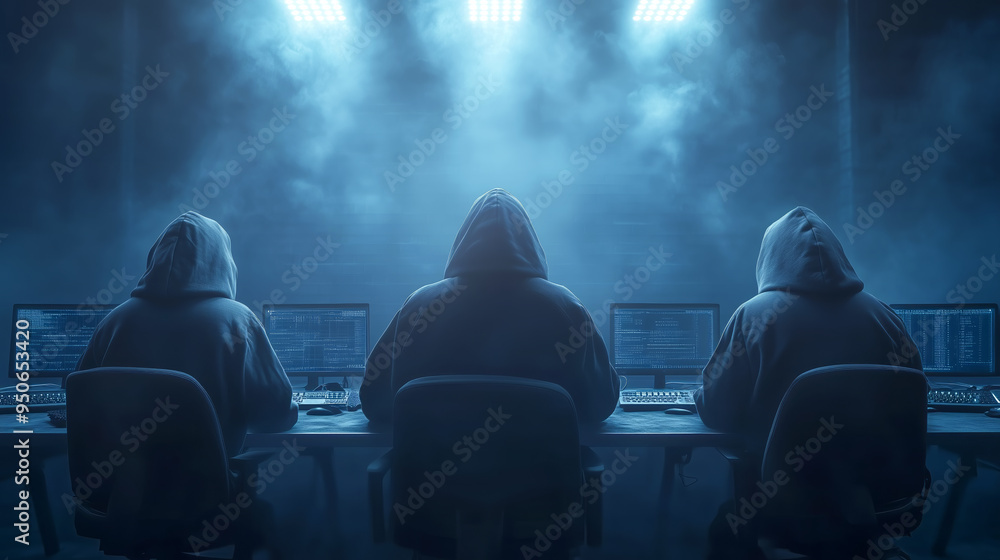 Poster anonymous individuals working at computers in a dark room