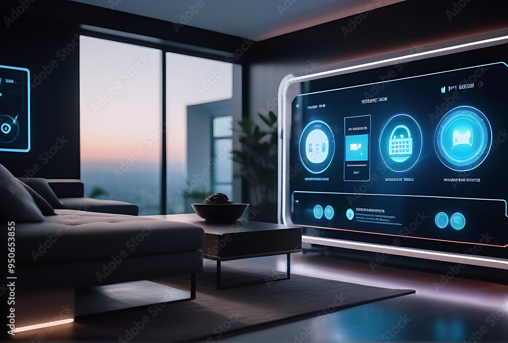 Poster futuristic smart home various automated features visible